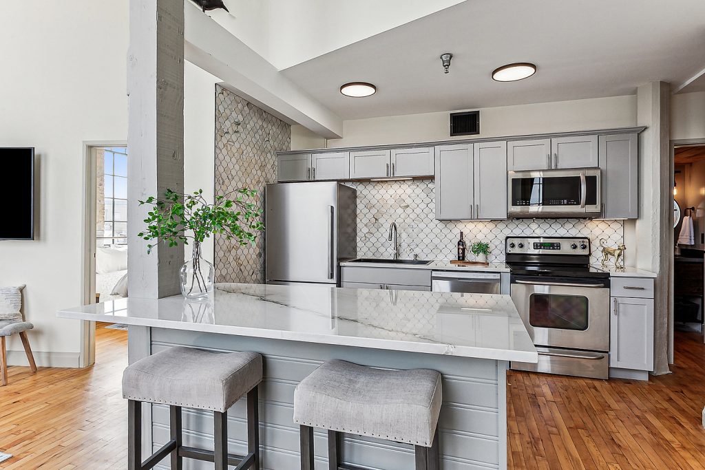 Light-filled modern kitchen Cotton Mill mid term rental New Orleans